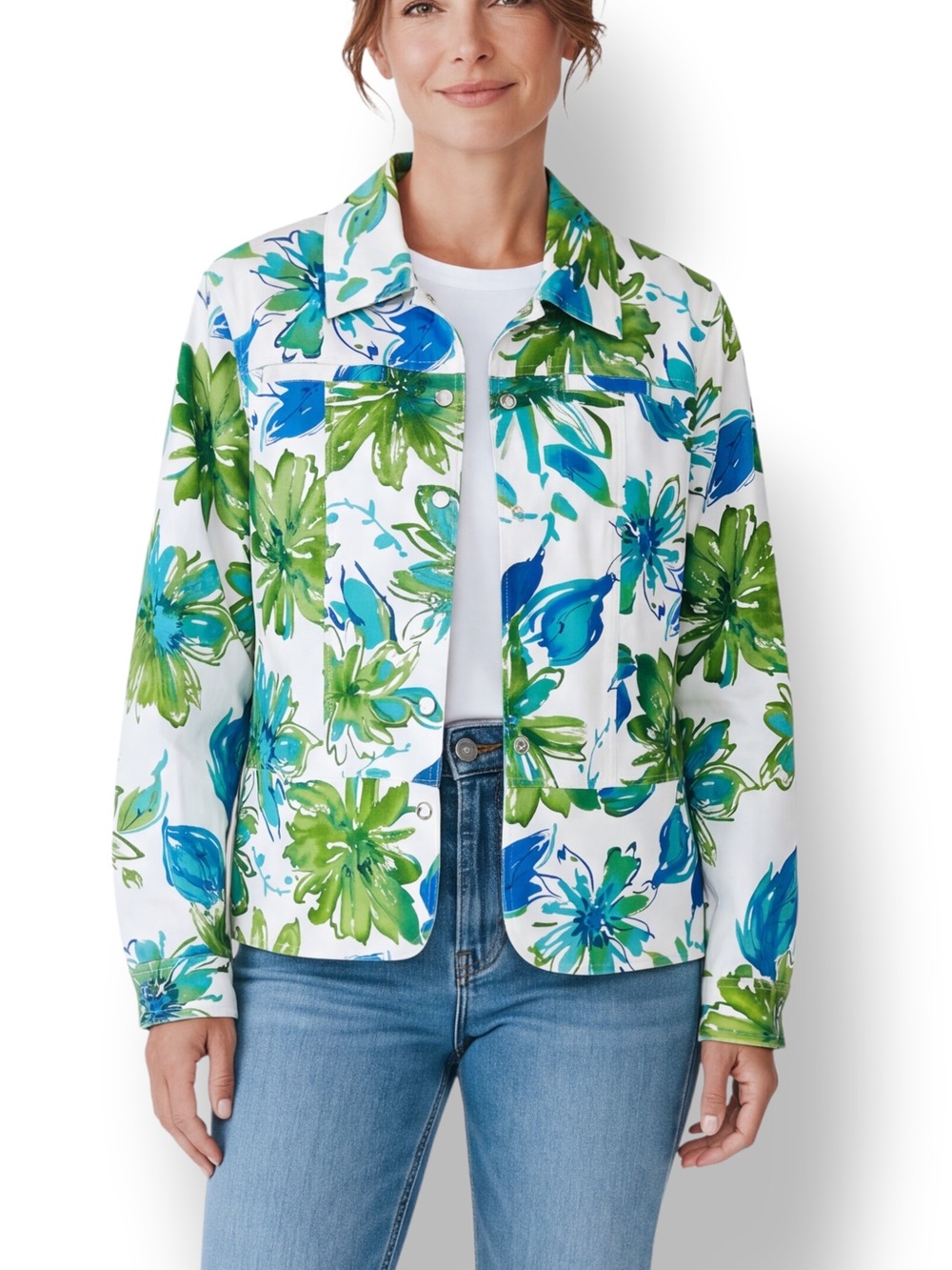 4/$20 Coldwater Creek Medium Floral Cotton Stretch Snap Front  Jacket